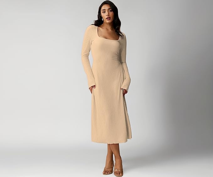 Square Neck A-Line Dress – Long Sleeve, Tie Waist, Knitted Stretchable, Casual & Office Outfit, Solid Winter Midi Dress for Women