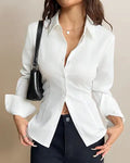 Women Polyester Modern Fit Solid Front Button Long Sleeve Casual Shirt