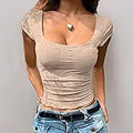 Girl's & Women's Beige Eyelet Embroidery Knitted Square Neck Casual Slim Fit Women T-Shirt, Short Sleeve Schiffli Crop Top, Solid Color Tee for Spring/Summer Outfits